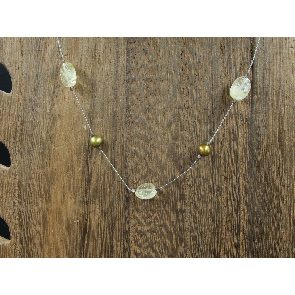 16" Sterling Silver Real Pearl And Quartz Stone Wire Necklace Vintage Minimalist